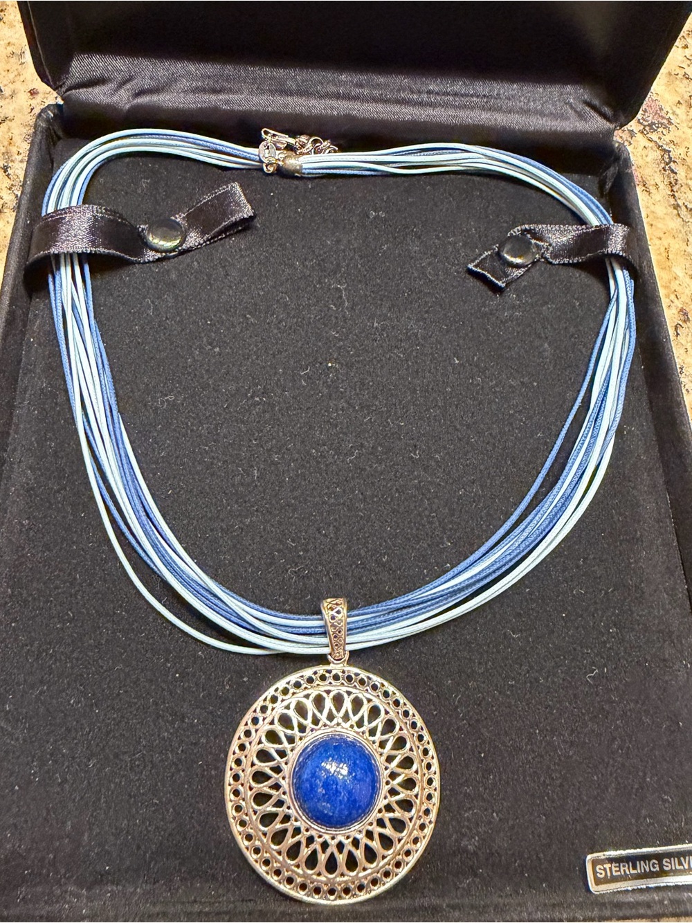 Milor Italy Lapis 925 Silver Round Pendant Blue Cord Necklace 16"+2" - Picture 7 of 7